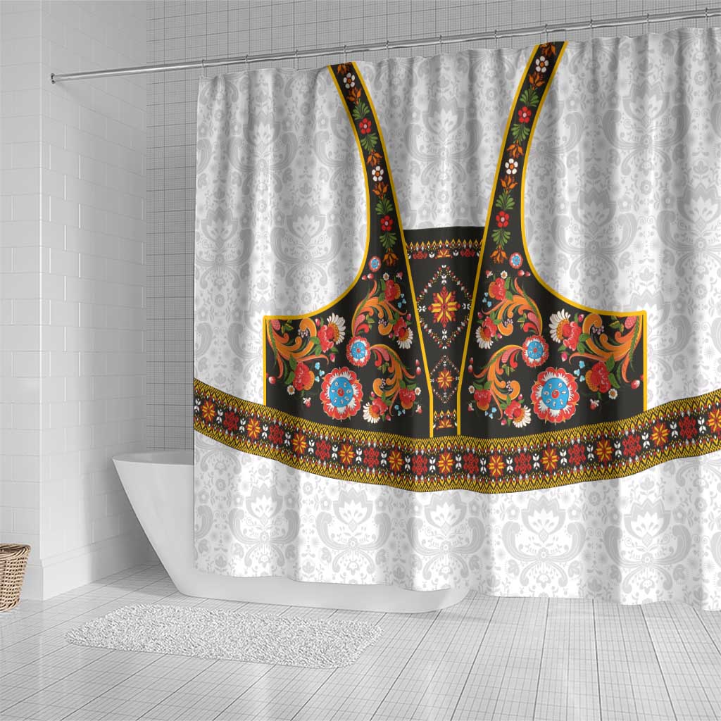 Norwegian Female Bunad Shower Curtain with Rosemaling Folk Art Black Color - Wonder Print Shop