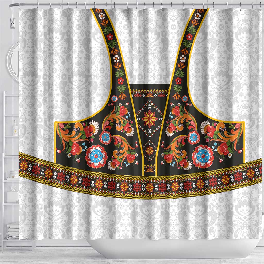 Norwegian Female Bunad Shower Curtain with Rosemaling Folk Art Black Color - Wonder Print Shop