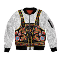 Norwegian Female Bunad Sleeve Zip Bomber Jacket with Rosemaling Folk Art Black Color - Wonder Print Shop