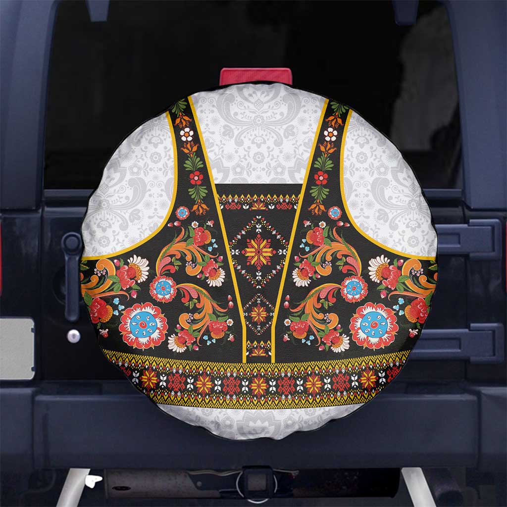Norwegian Female Bunad Spare Tire Cover with Rosemaling Folk Art Black Color - Wonder Print Shop