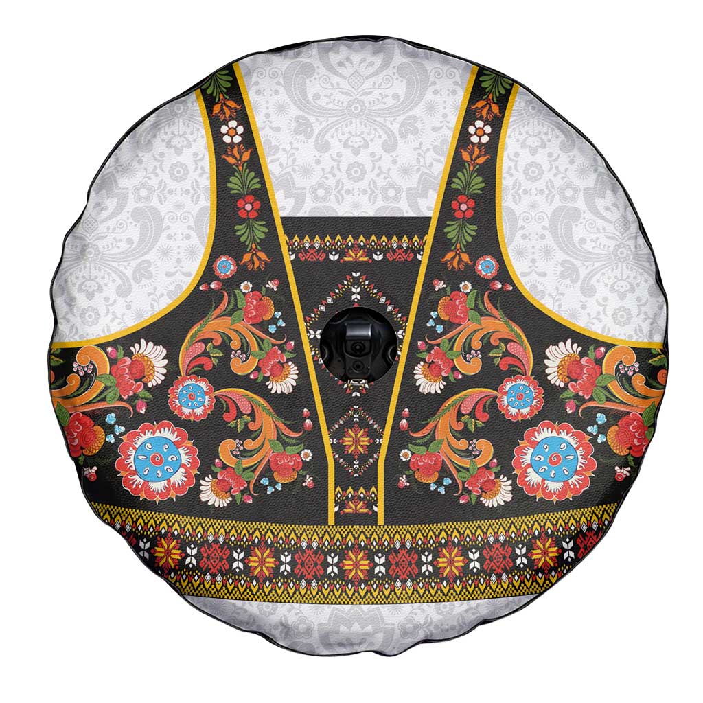 Norwegian Female Bunad Spare Tire Cover with Rosemaling Folk Art Black Color - Wonder Print Shop