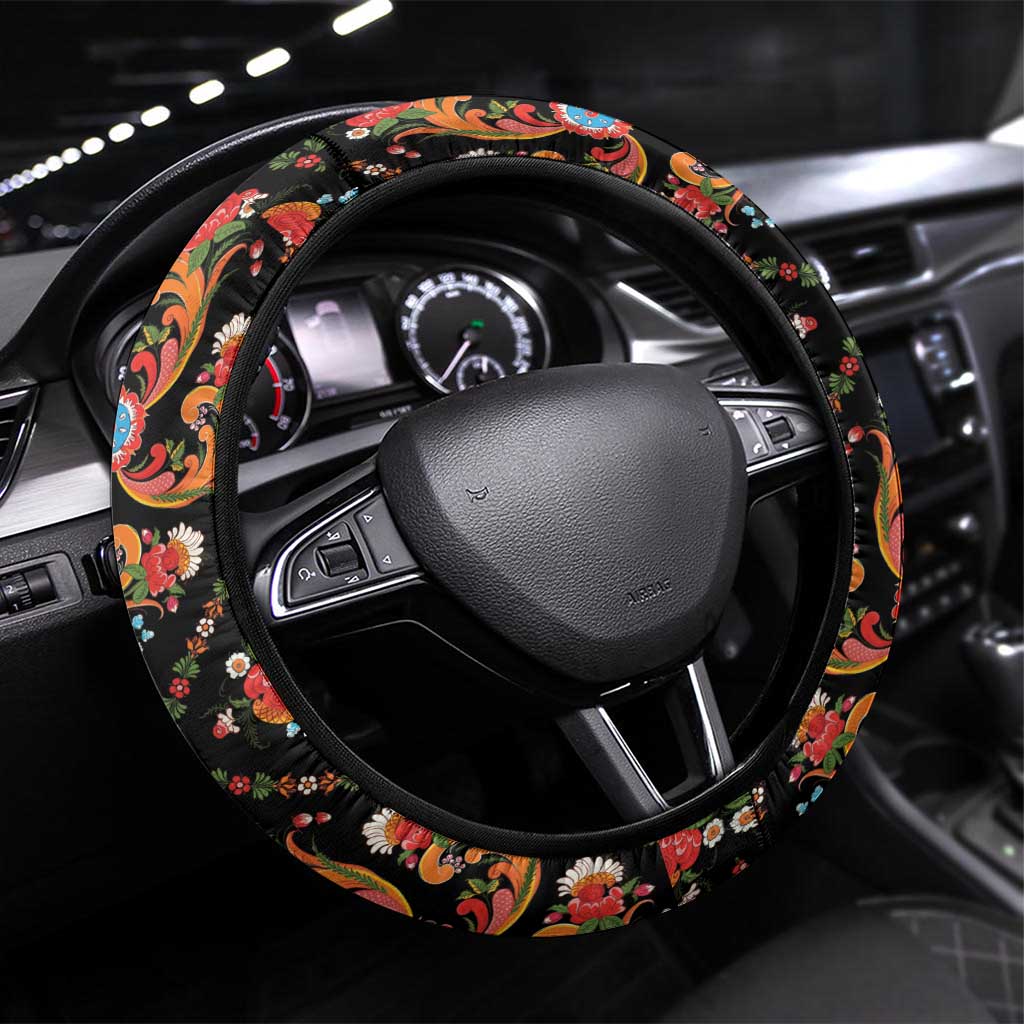 Norwegian Female Bunad Steering Wheel Cover with Rosemaling Folk Art Black Color - Wonder Print Shop