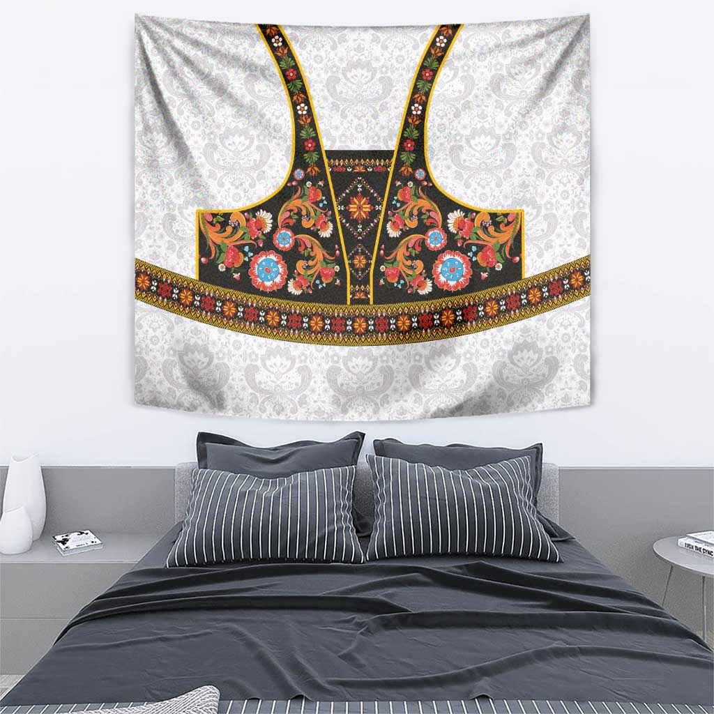 Norwegian Female Bunad Tapestry with Rosemaling Folk Art Black Color - Wonder Print Shop