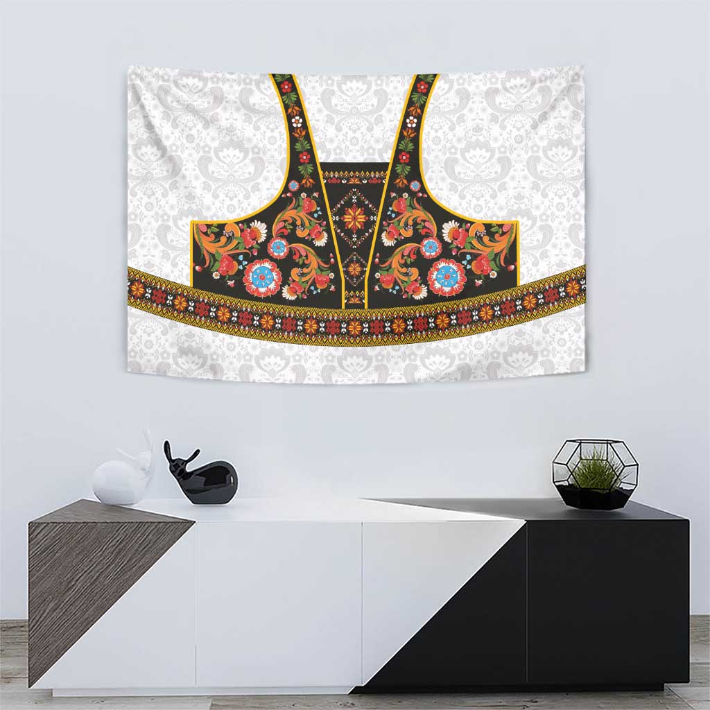 Norwegian Female Bunad Tapestry with Rosemaling Folk Art Black Color - Wonder Print Shop
