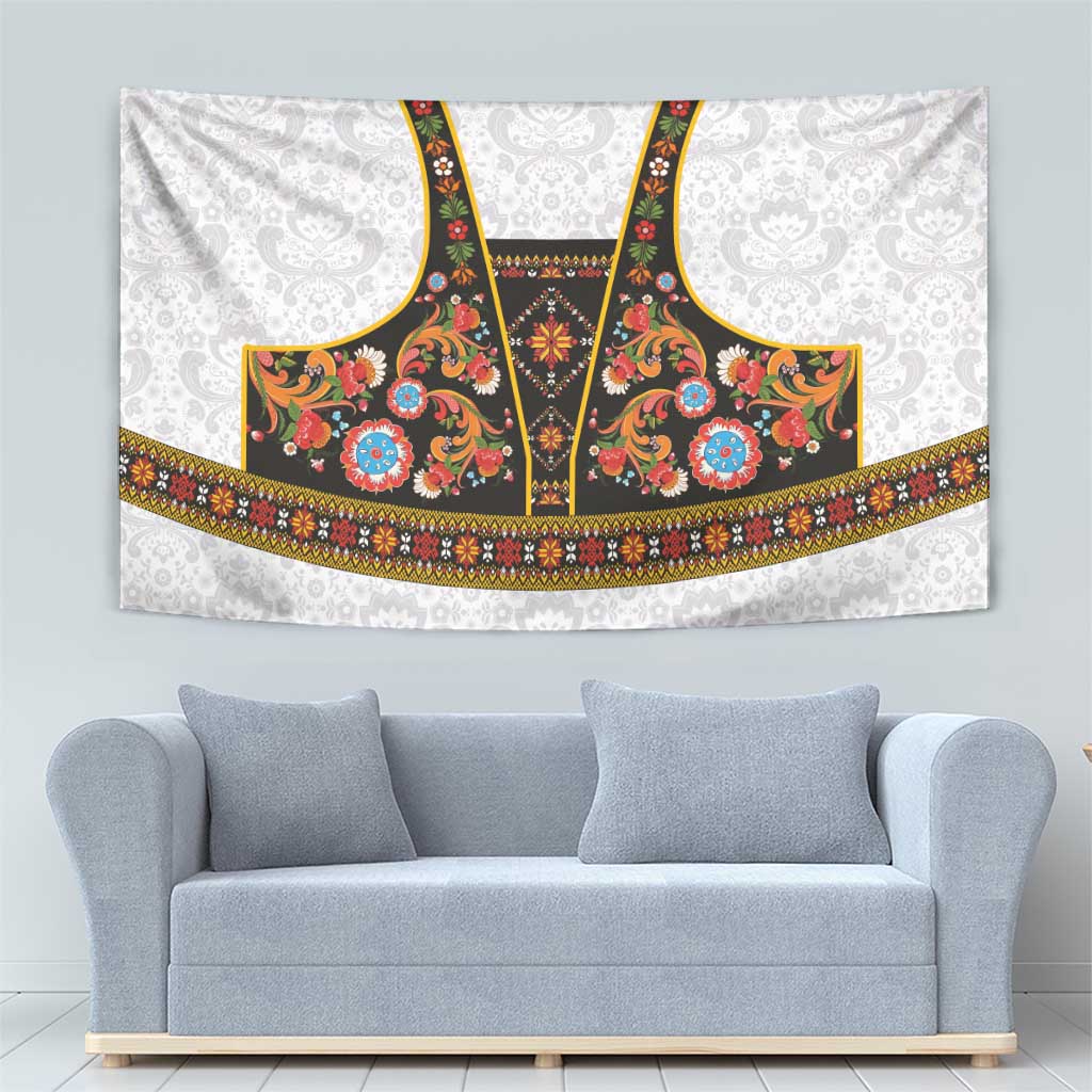 Norwegian Female Bunad Tapestry with Rosemaling Folk Art Black Color - Wonder Print Shop