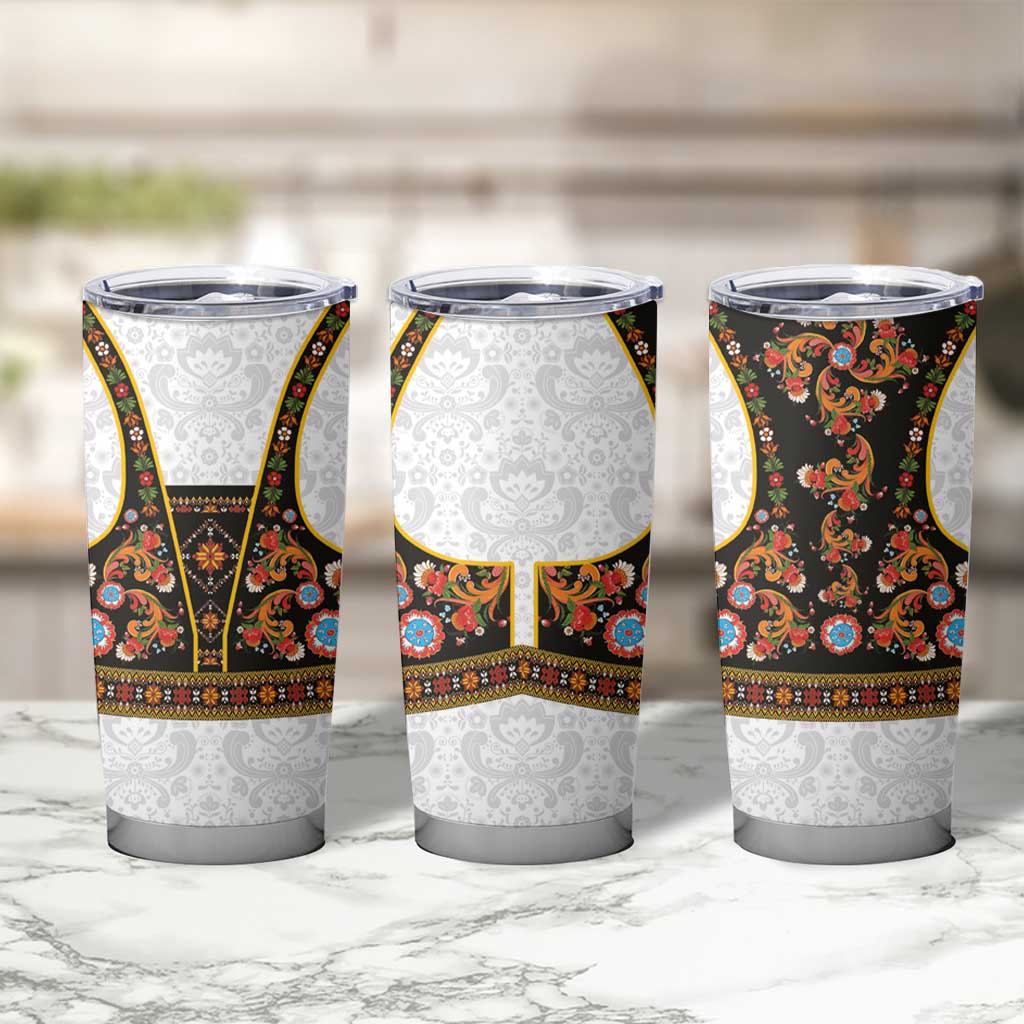 Norwegian Female Bunad Tumbler Cup with Rosemaling Folk Art Black Color - Wonder Print Shop