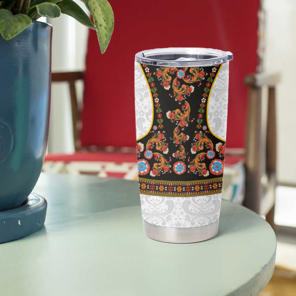 Norwegian Female Bunad Tumbler Cup with Rosemaling Folk Art Black Color - Wonder Print Shop
