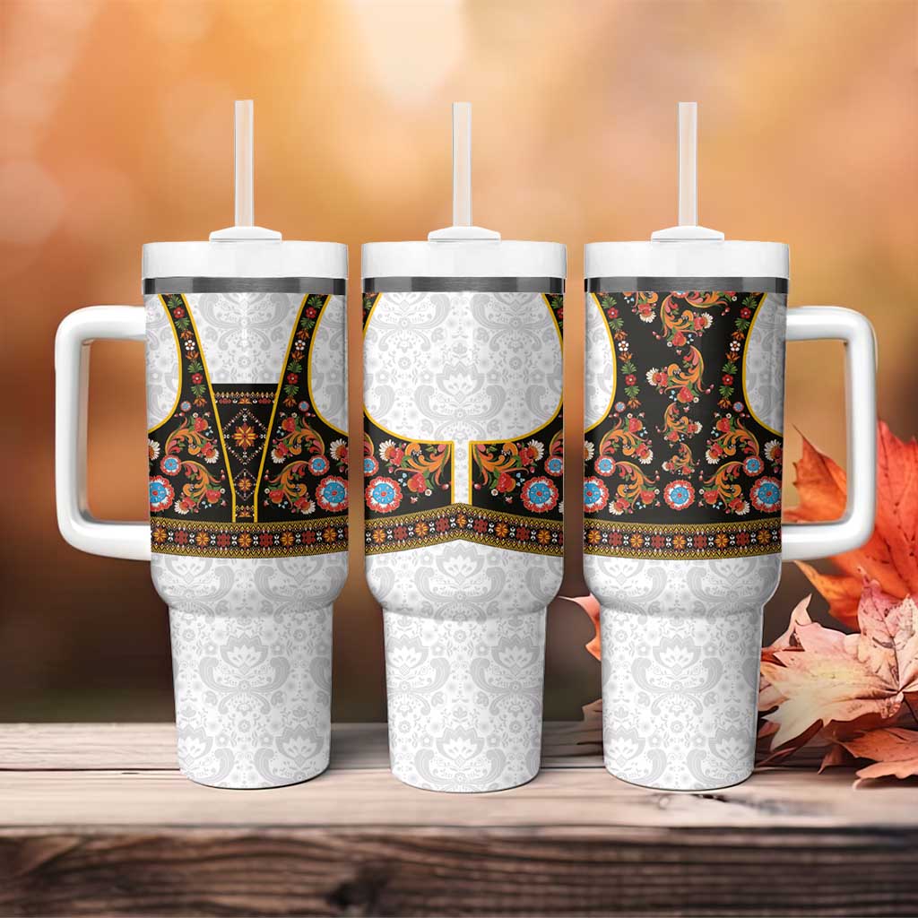 Norwegian Female Bunad Tumbler With Handle with Rosemaling Folk Art Black Color - Wonder Print Shop