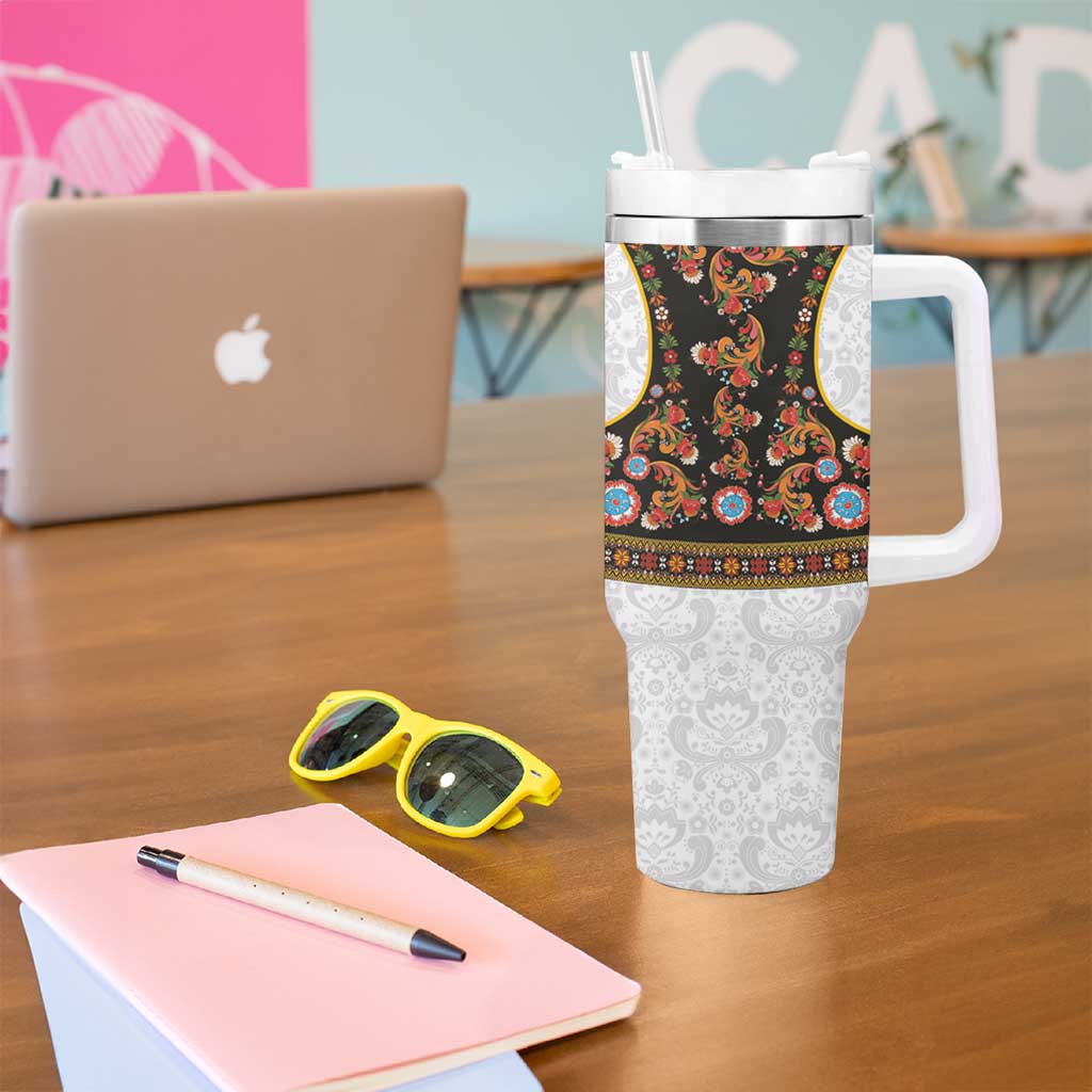 Norwegian Female Bunad Tumbler With Handle with Rosemaling Folk Art Black Color - Wonder Print Shop