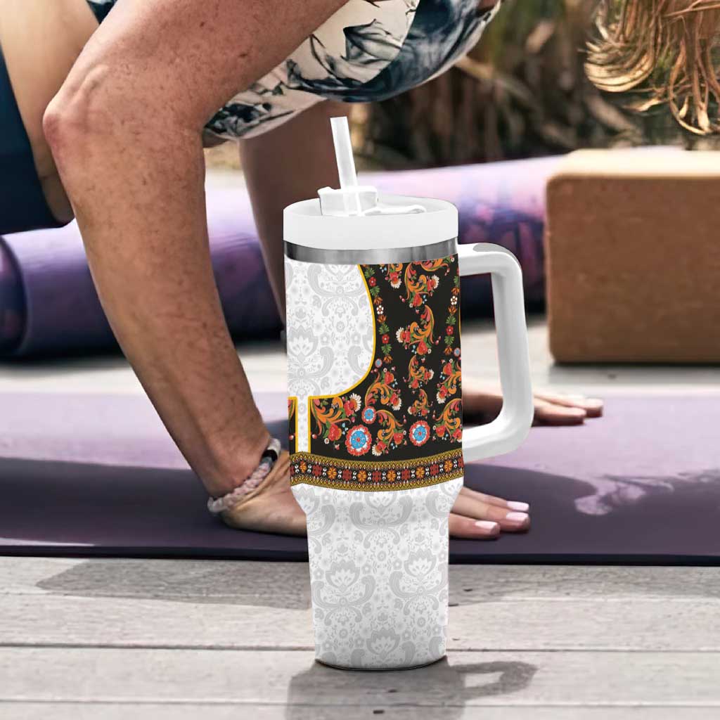 Norwegian Female Bunad Tumbler With Handle with Rosemaling Folk Art Black Color - Wonder Print Shop