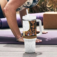 Norwegian Female Bunad Tumbler With Handle with Rosemaling Folk Art Black Color - Wonder Print Shop