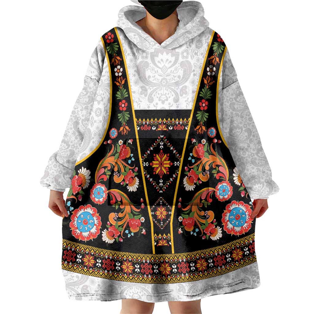 Norwegian Female Bunad Wearable Blanket Hoodie with Rosemaling Folk Art Black Color - Wonder Print Shop