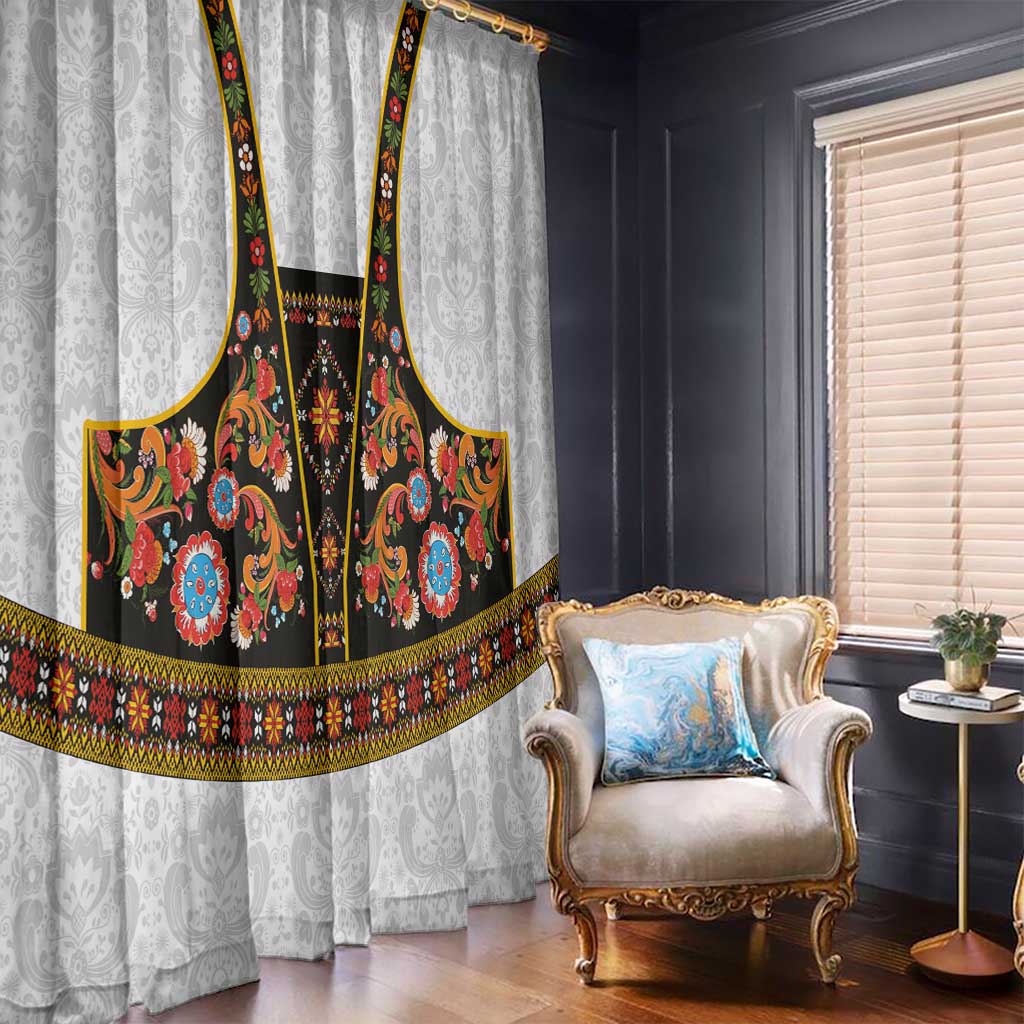 Norwegian Female Bunad Window Curtain with Rosemaling Folk Art Black Color - Wonder Print Shop