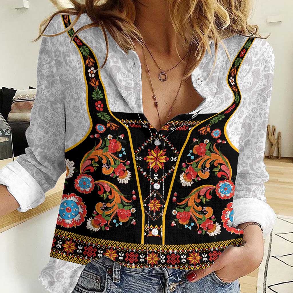 Norwegian Female Bunad Women Casual Shirt with Rosemaling Folk Art Black Color - Wonder Print Shop