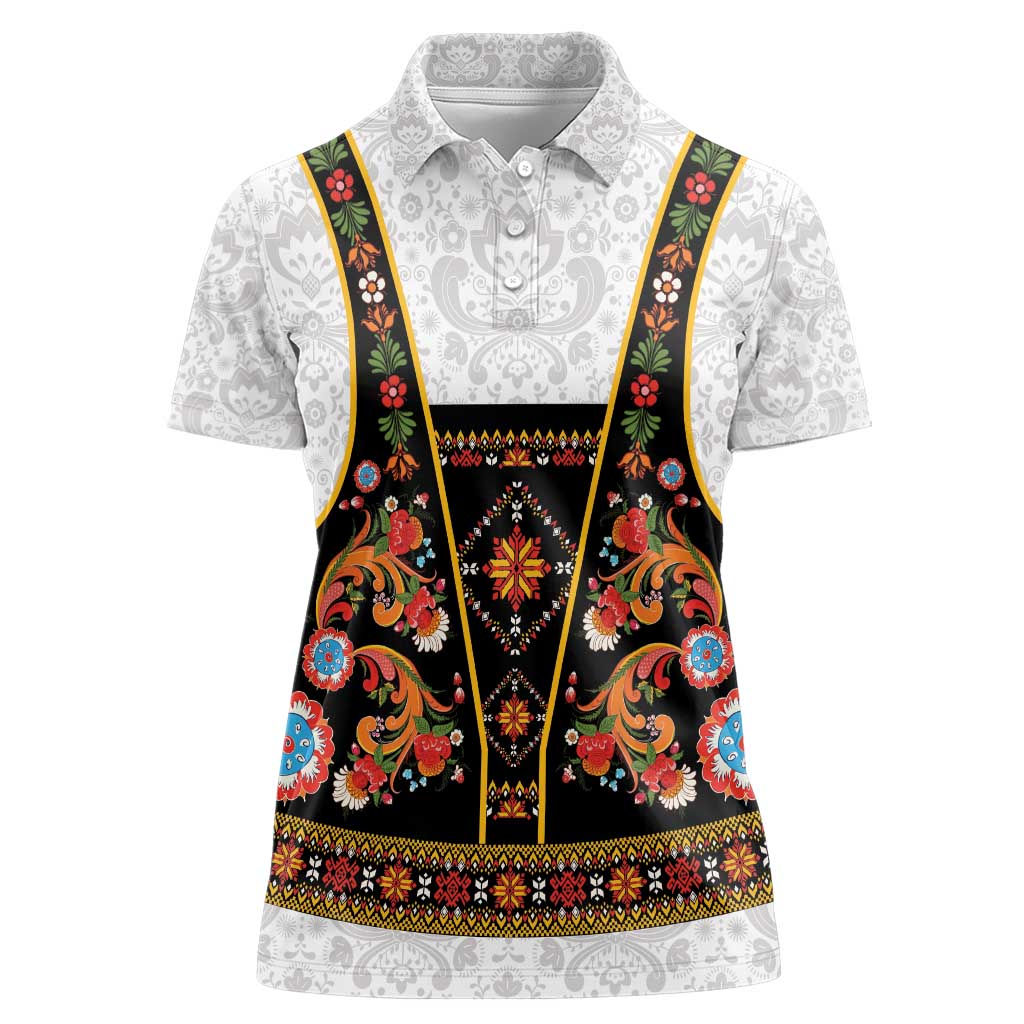 Norwegian Female Bunad Women Polo Shirt with Rosemaling Folk Art Black Color - Wonder Print Shop