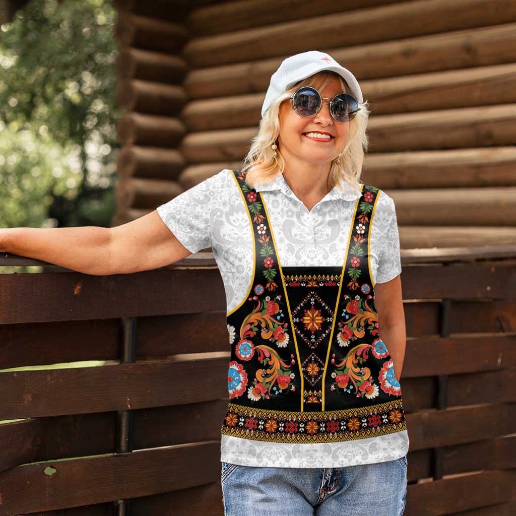 Norwegian Female Bunad Women Polo Shirt with Rosemaling Folk Art Black Color - Wonder Print Shop