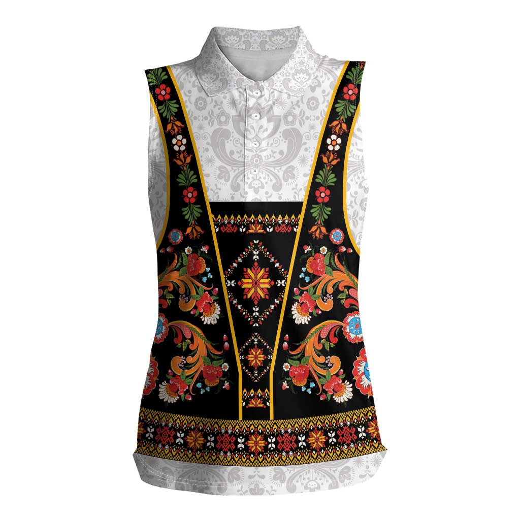 Norwegian Female Bunad Women Sleeveless Polo Shirt with Rosemaling Folk Art Black Color - Wonder Print Shop