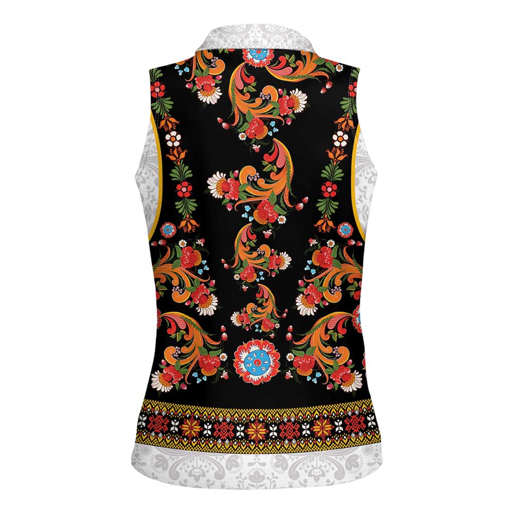 Norwegian Female Bunad Women Sleeveless Polo Shirt with Rosemaling Folk Art Black Color - Wonder Print Shop