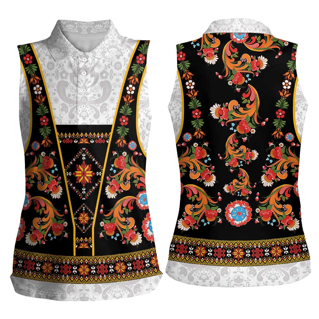 Norwegian Female Bunad Women Sleeveless Polo Shirt with Rosemaling Folk Art Black Color - Wonder Print Shop
