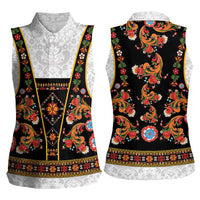 Norwegian Female Bunad Women Sleeveless Polo Shirt with Rosemaling Folk Art Black Color - Wonder Print Shop