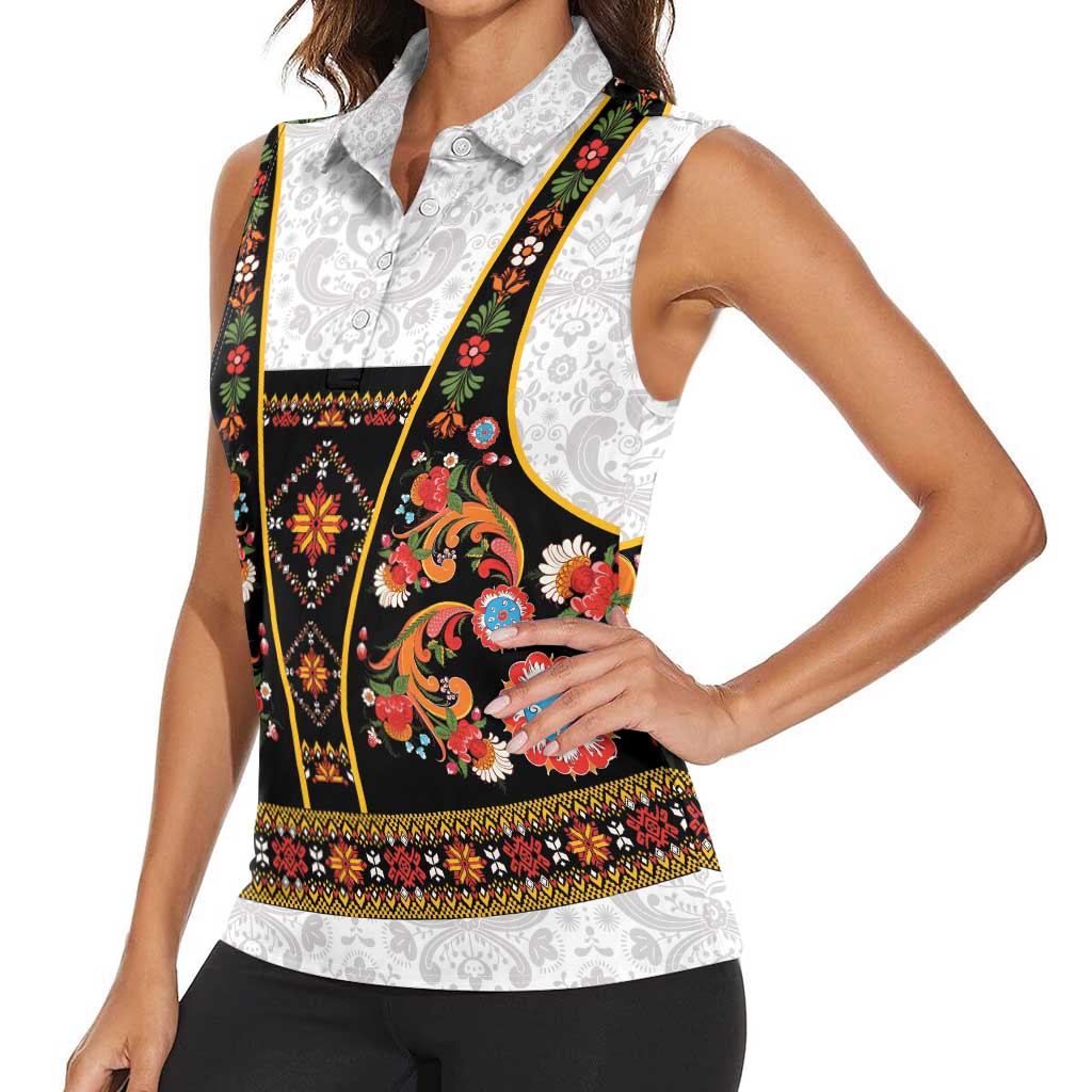 Norwegian Female Bunad Women Sleeveless Polo Shirt with Rosemaling Folk Art Black Color - Wonder Print Shop