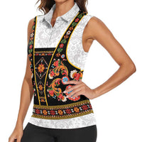 Norwegian Female Bunad Women Sleeveless Polo Shirt with Rosemaling Folk Art Black Color - Wonder Print Shop