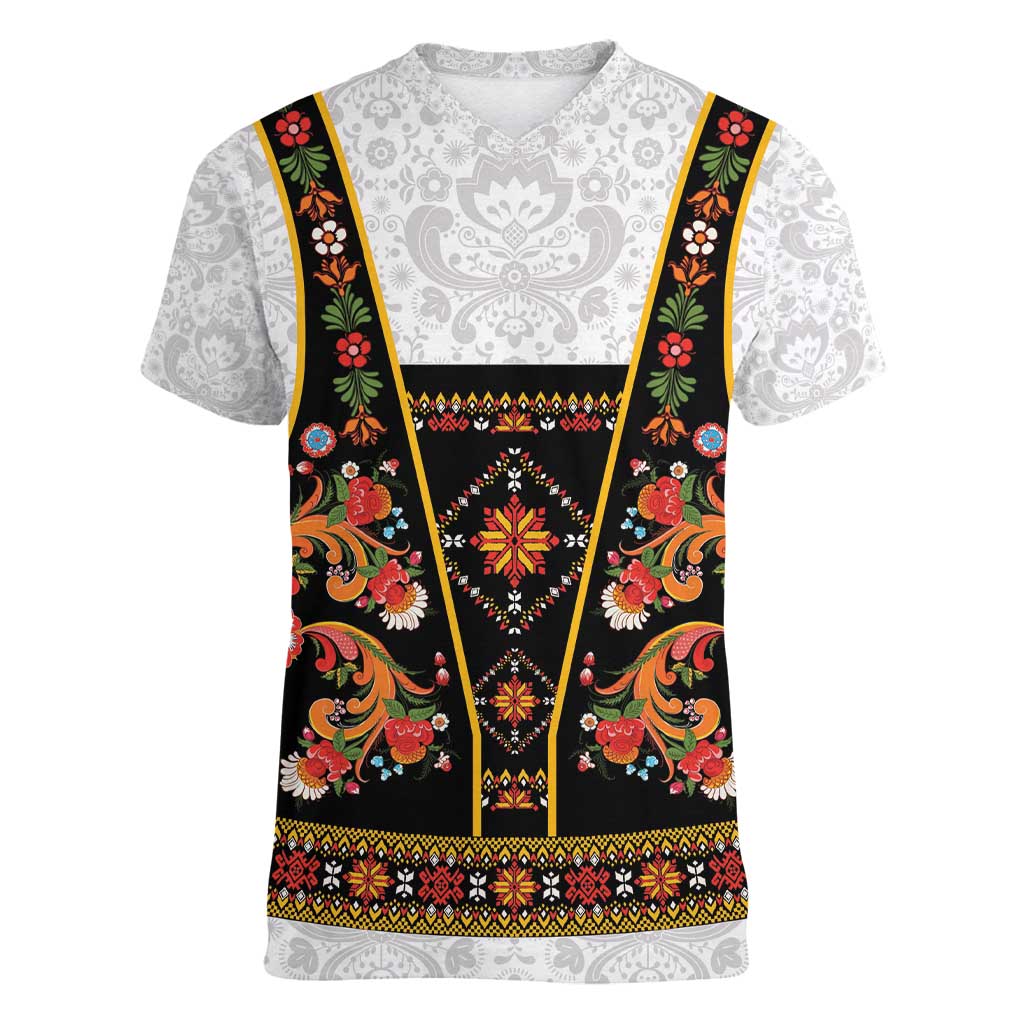 Norwegian Female Bunad Women V-Neck T-Shirt with Rosemaling Folk Art Black Color - Wonder Print Shop