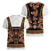 Norwegian Female Bunad Women V-Neck T-Shirt with Rosemaling Folk Art Black Color - Wonder Print Shop
