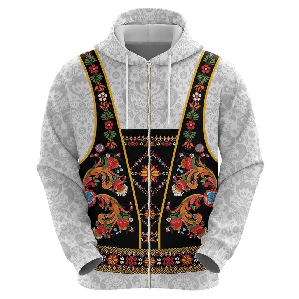 Norwegian Female Bunad Zip Hoodie with Rosemaling Folk Art Black Color - Wonder Print Shop