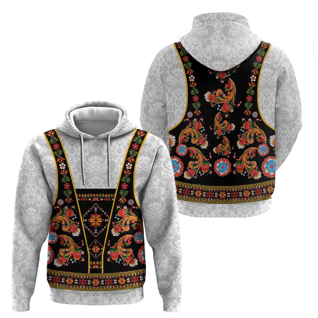 Norwegian Female Bunad Zip Hoodie with Rosemaling Folk Art Black Color - Wonder Print Shop