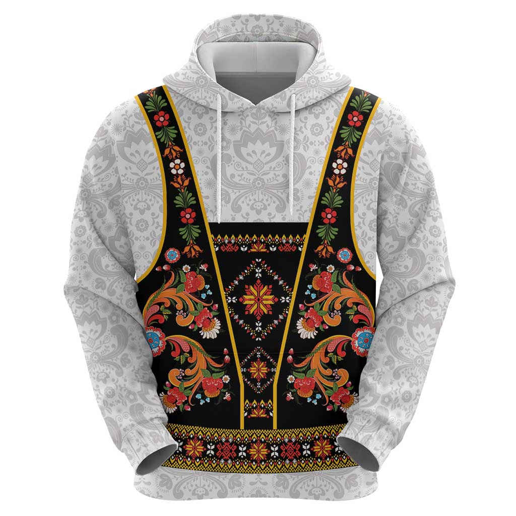Norwegian Female Bunad Zip Hoodie with Rosemaling Folk Art Black Color - Wonder Print Shop