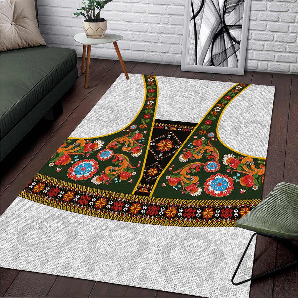 Norwegian Female Bunad Area Rug with Rosemaling Folk Art Green Color - Wonder Print Shop