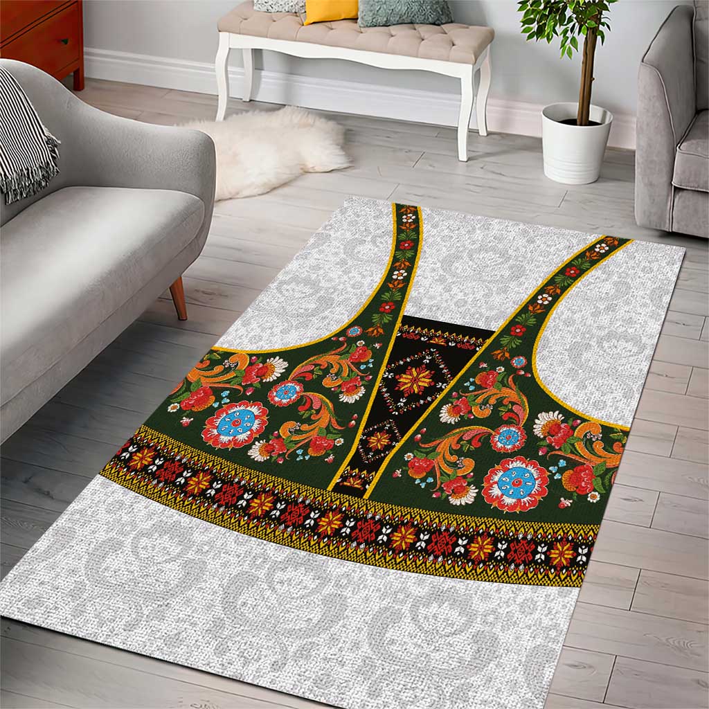 Norwegian Female Bunad Area Rug with Rosemaling Folk Art Green Color - Wonder Print Shop