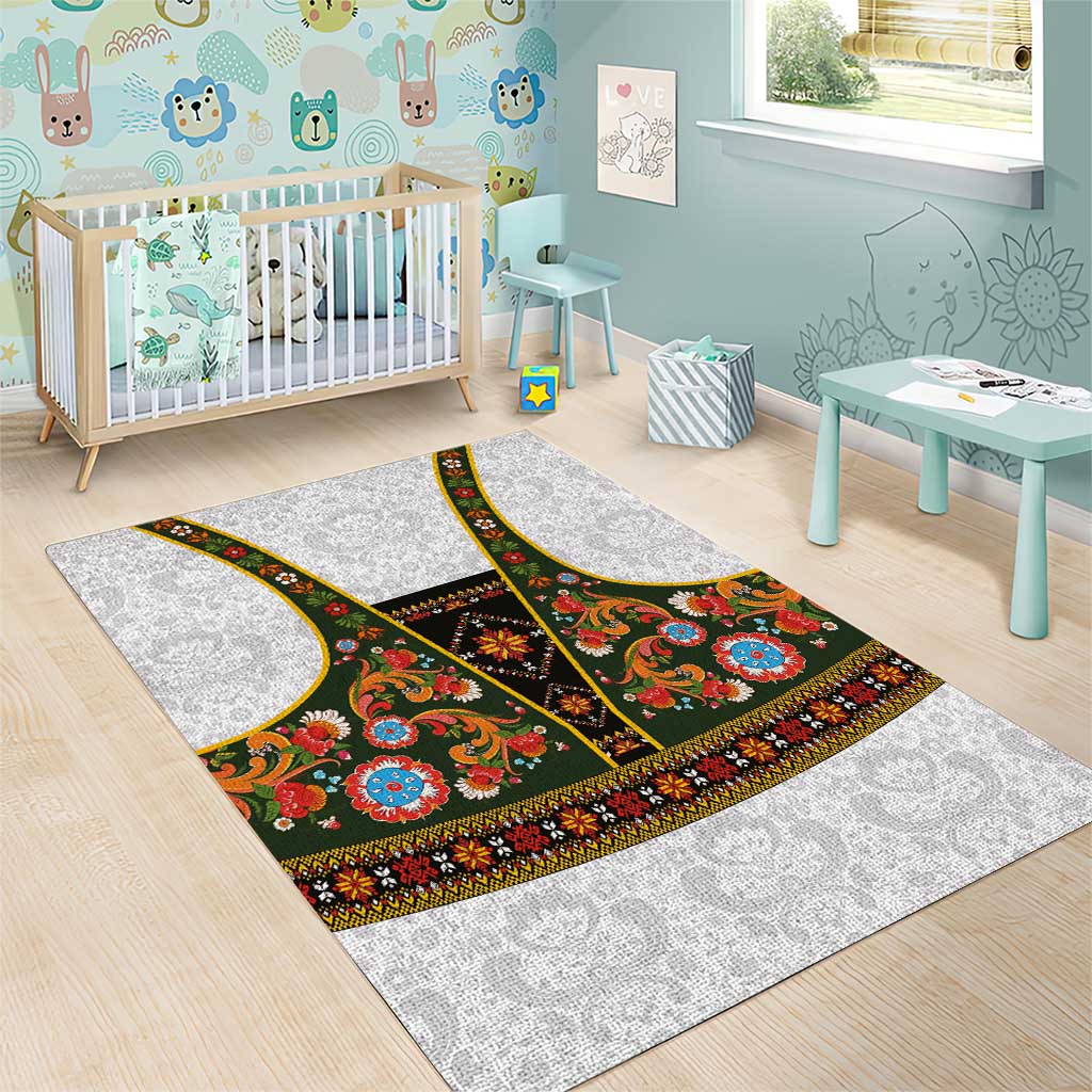 Norwegian Female Bunad Area Rug with Rosemaling Folk Art Green Color - Wonder Print Shop