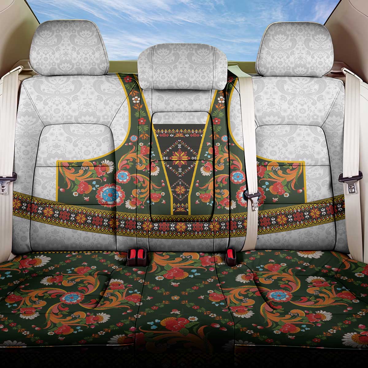 Norwegian Female Bunad Back Car Seat Cover with Rosemaling Folk Art Green Color - Wonder Print Shop