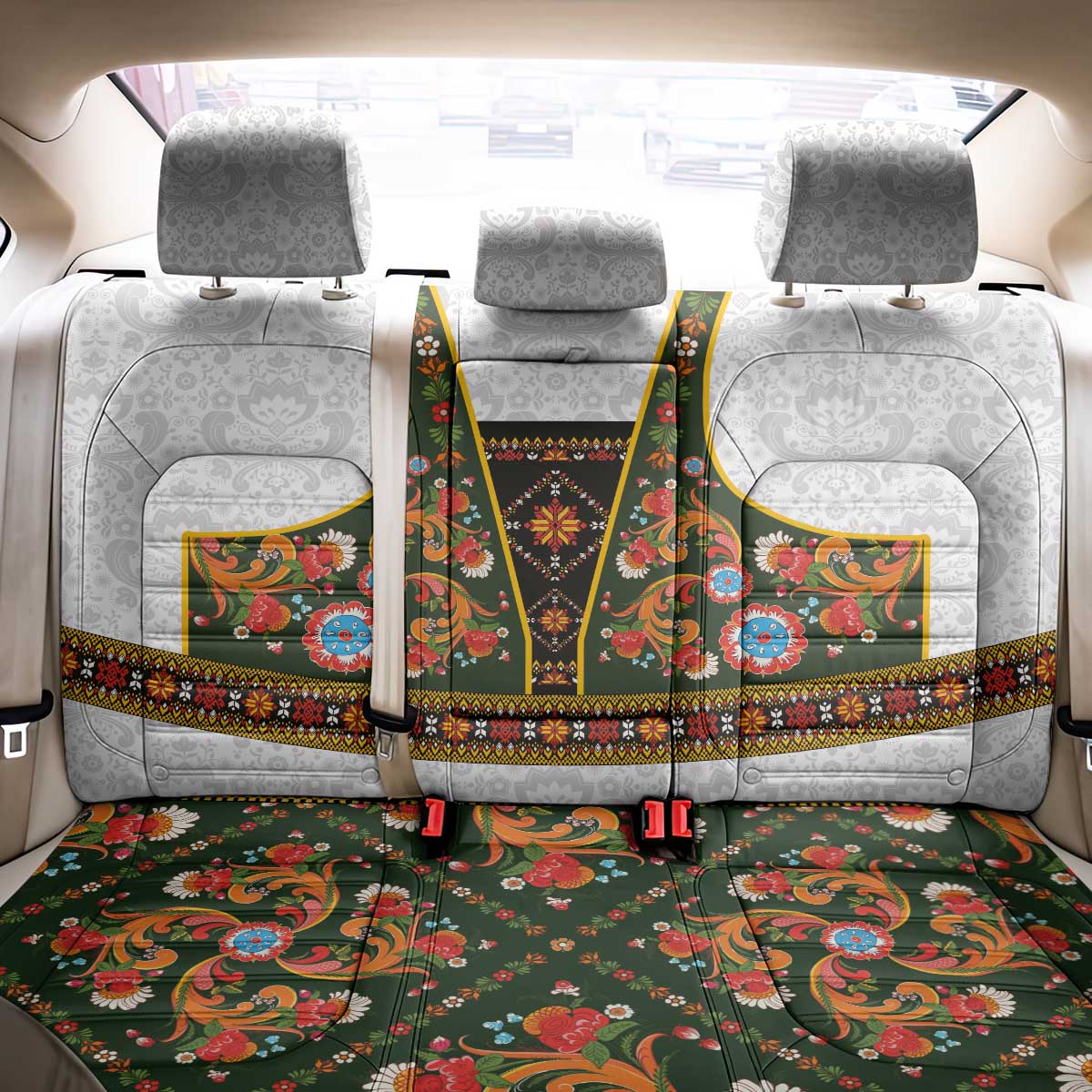 Norwegian Female Bunad Back Car Seat Cover with Rosemaling Folk Art Green Color - Wonder Print Shop