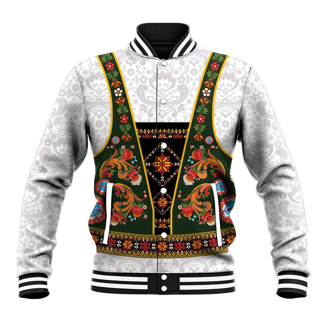 Norwegian Female Bunad Baseball Jacket with Rosemaling Folk Art Green Color - Wonder Print Shop