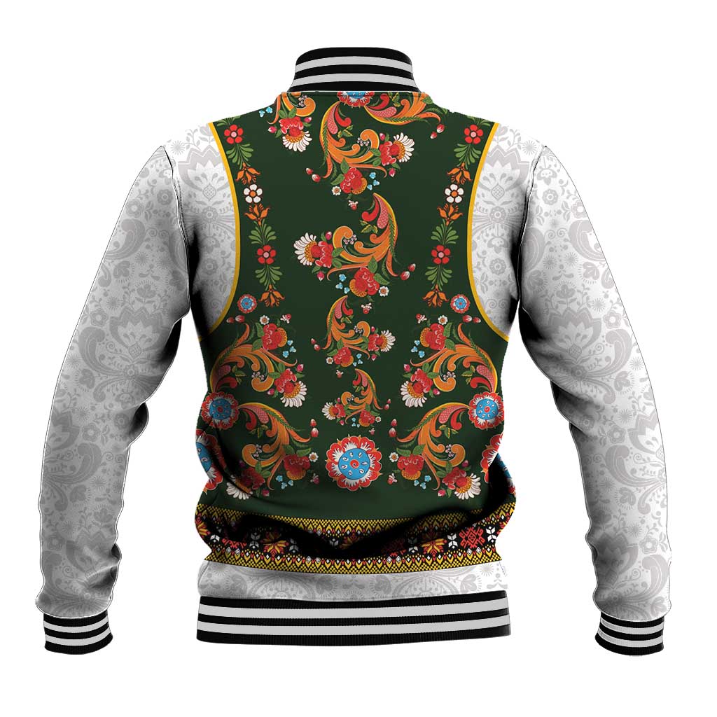 Norwegian Female Bunad Baseball Jacket with Rosemaling Folk Art Green Color - Wonder Print Shop