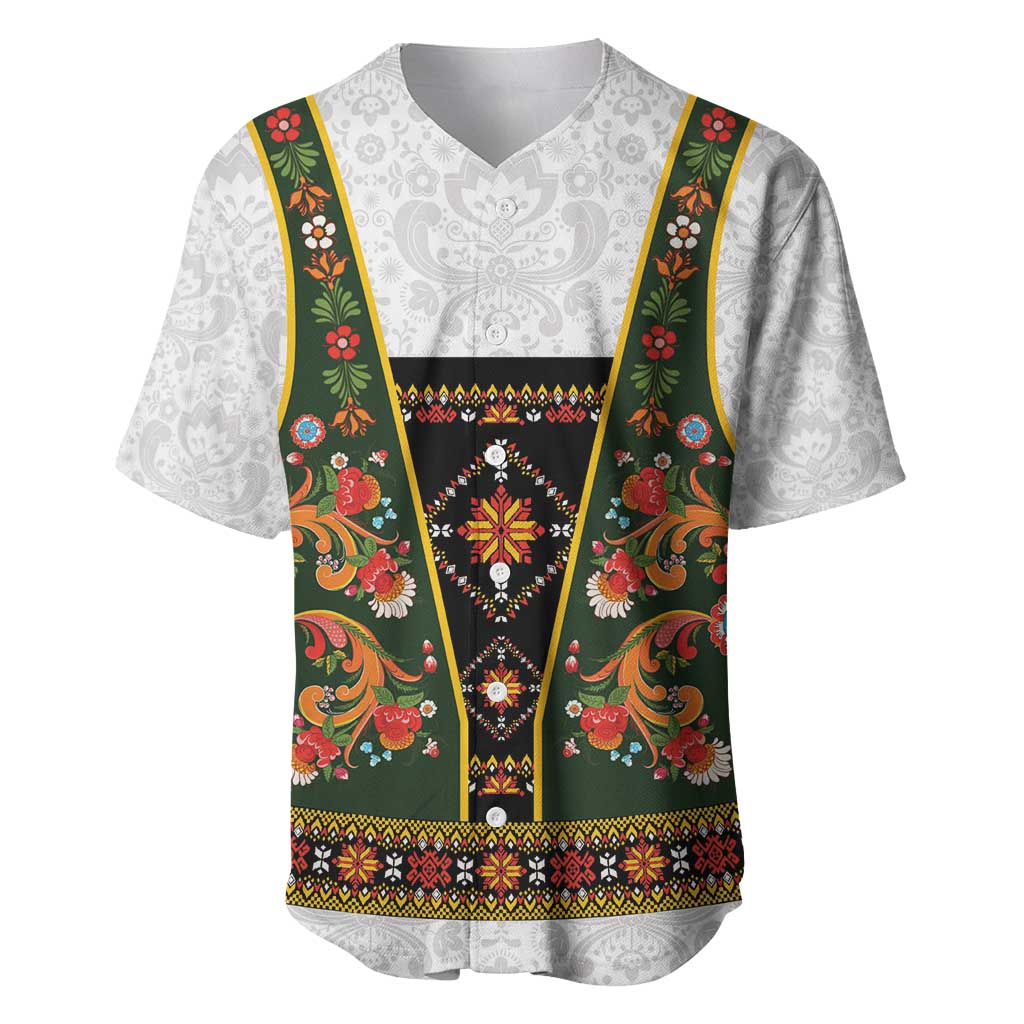 Norwegian Female Bunad Baseball Jersey with Rosemaling Folk Art Green Color - Wonder Print Shop