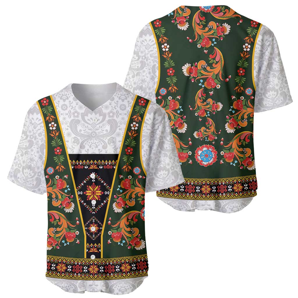 Norwegian Female Bunad Baseball Jersey with Rosemaling Folk Art Green Color - Wonder Print Shop