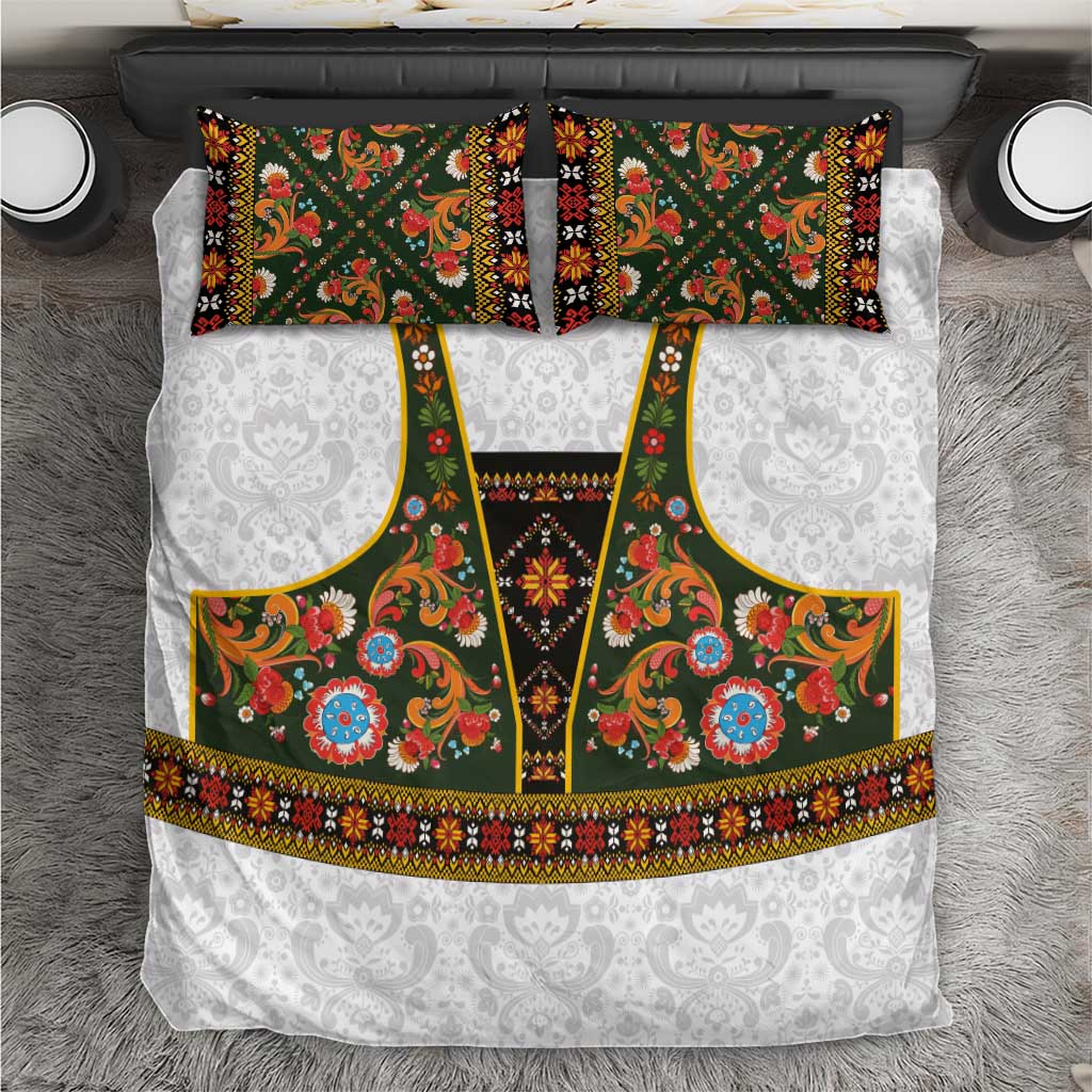 Norwegian Female Bunad Bedding Set with Rosemaling Folk Art Green Color - Wonder Print Shop