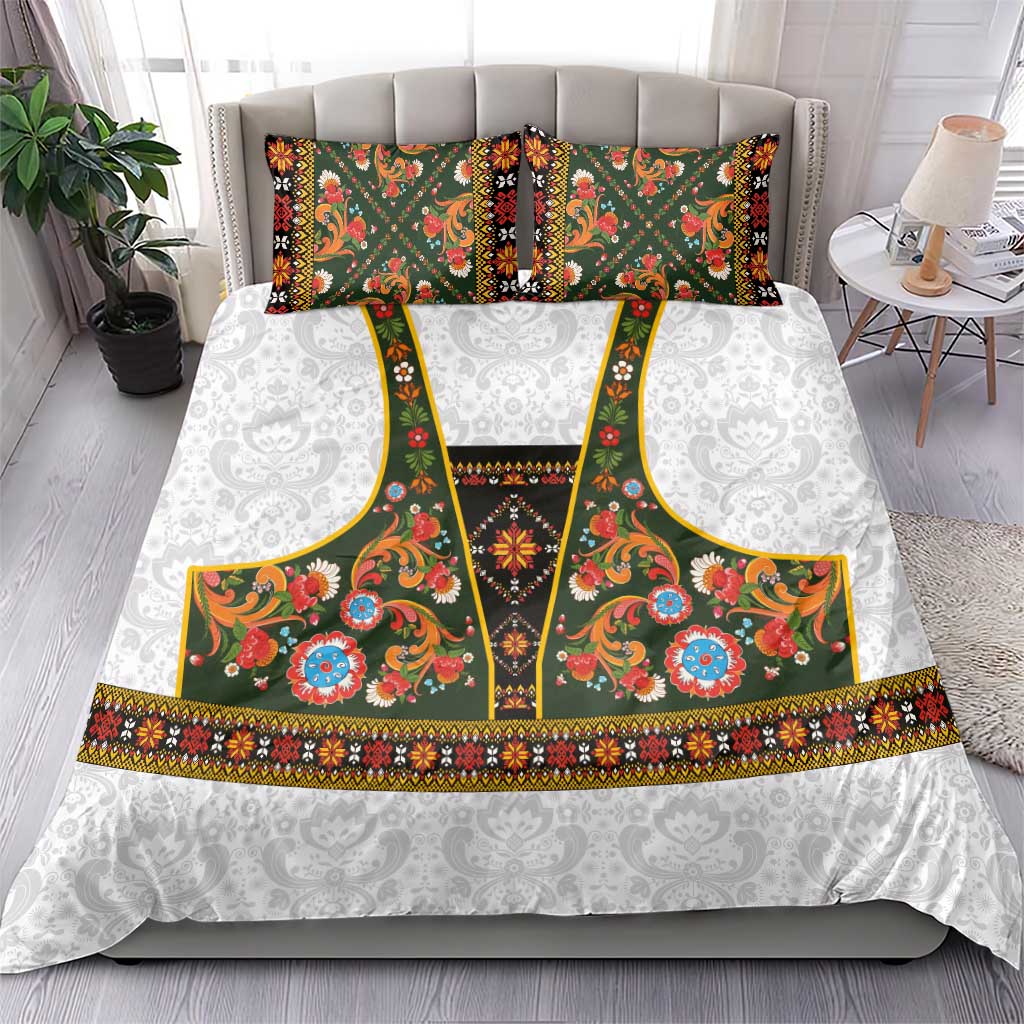 Norwegian Female Bunad Bedding Set with Rosemaling Folk Art Green Color - Wonder Print Shop