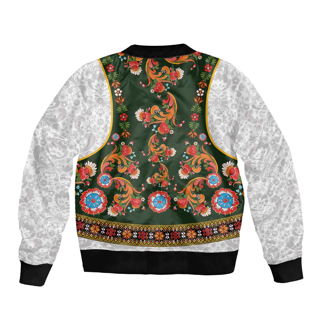 Norwegian Female Bunad Bomber Jacket with Rosemaling Folk Art Green Color - Wonder Print Shop