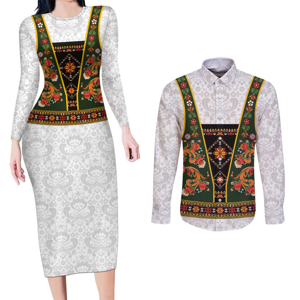 Norwegian Female Bunad Couples Matching Long Sleeve Bodycon Dress and Long Sleeve Button Shirt with Rosemaling Folk Art Green Color - Wonder Print Shop