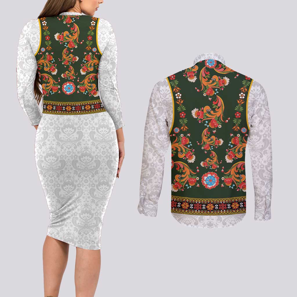 Norwegian Female Bunad Couples Matching Long Sleeve Bodycon Dress and Long Sleeve Button Shirt with Rosemaling Folk Art Green Color - Wonder Print Shop