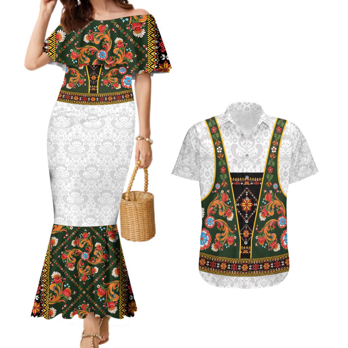 Norwegian Female Bunad Couples Matching Mermaid Dress and Hawaiian Shirt with Rosemaling Folk Art Green Color - Wonder Print Shop