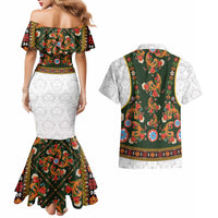 Norwegian Female Bunad Couples Matching Mermaid Dress and Hawaiian Shirt with Rosemaling Folk Art Green Color - Wonder Print Shop