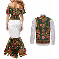 Norwegian Female Bunad Couples Matching Mermaid Dress and Long Sleeve Button Shirt with Rosemaling Folk Art Green Color - Wonder Print Shop
