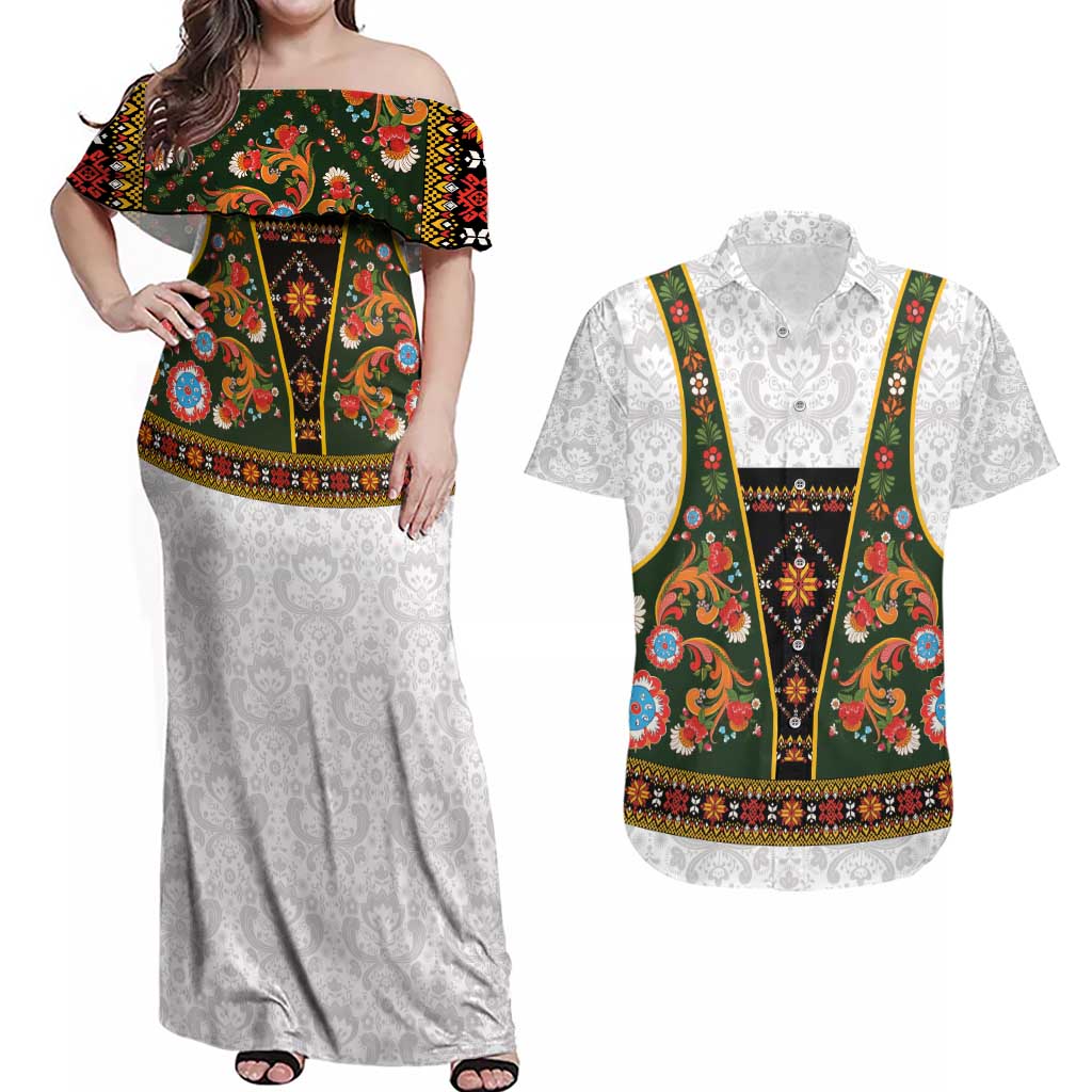 Norwegian Female Bunad Couples Matching Off Shoulder Maxi Dress and Hawaiian Shirt with Rosemaling Folk Art Green Color - Wonder Print Shop