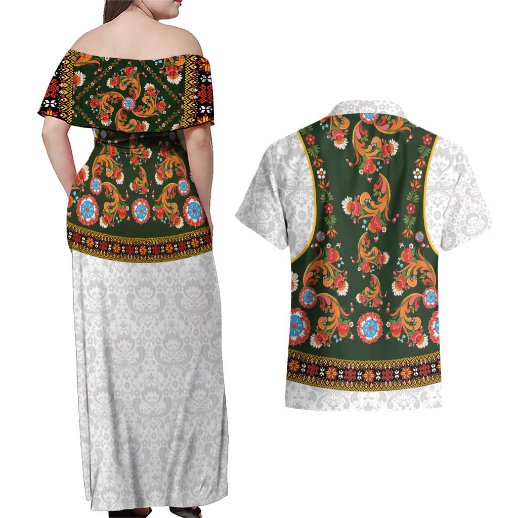 Norwegian Female Bunad Couples Matching Off Shoulder Maxi Dress and Hawaiian Shirt with Rosemaling Folk Art Green Color - Wonder Print Shop